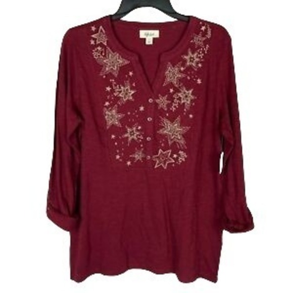 Style & Co Embroidered Roll-Tab Sleeves Top Cherry Pie Embroidery M - Picture 2 of 3